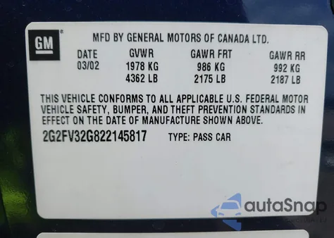 2002 Pontiac Firebird Trans Am из США, поврежденный, VIN 2G2FV32G822145817